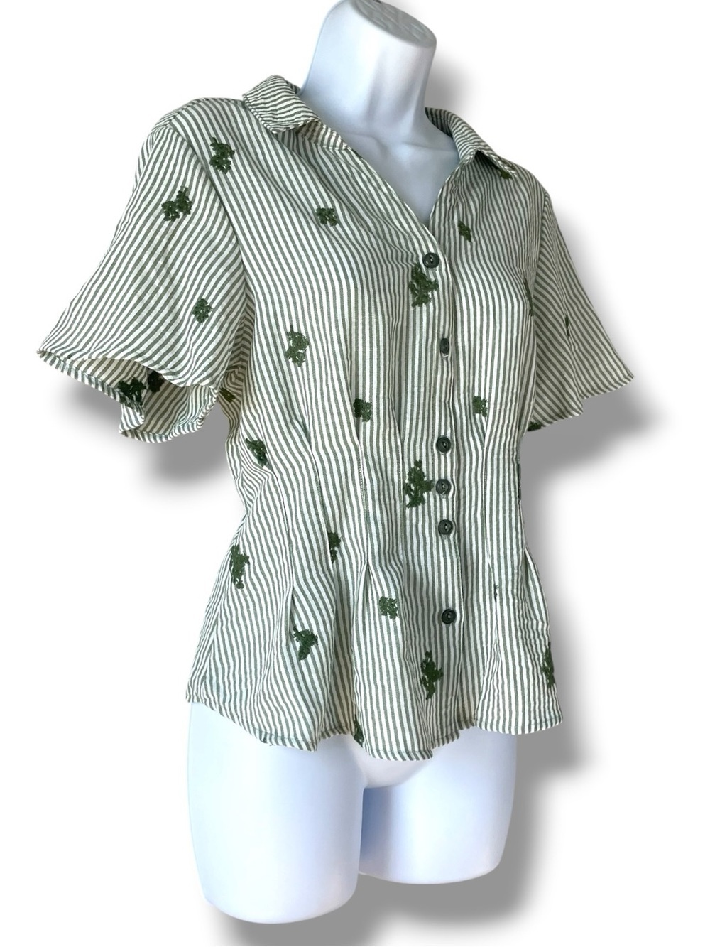 FIG + FLOWER Green Striped Embroidered Peplum Blouse Cottagecore Coastal Button - Picture 2 of 9